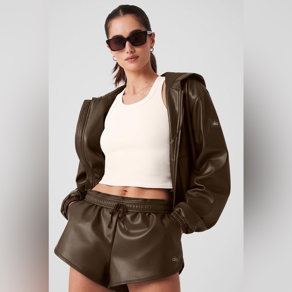 ALO Yoga Faux Leather Power Hour Espresso Shorts